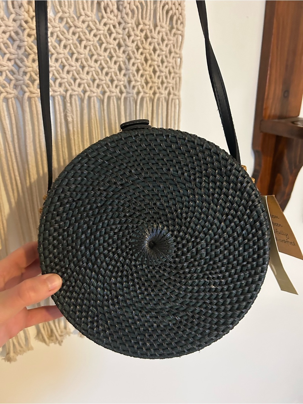 Black Round Woven Crossbody Bag